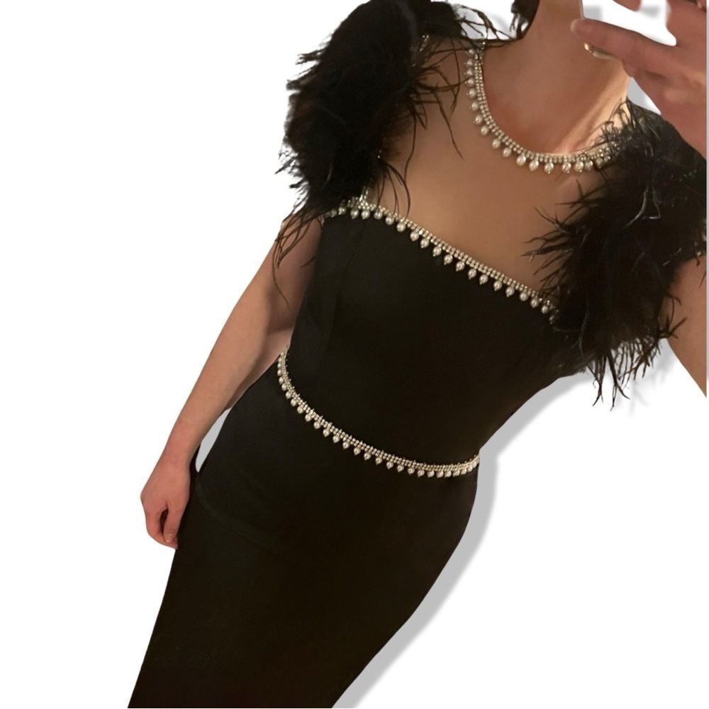 Mac Duggal Black Feather Cap Sleeve Pearl Embellished Midi Formal Dress | 2 - Picture 7 of 13